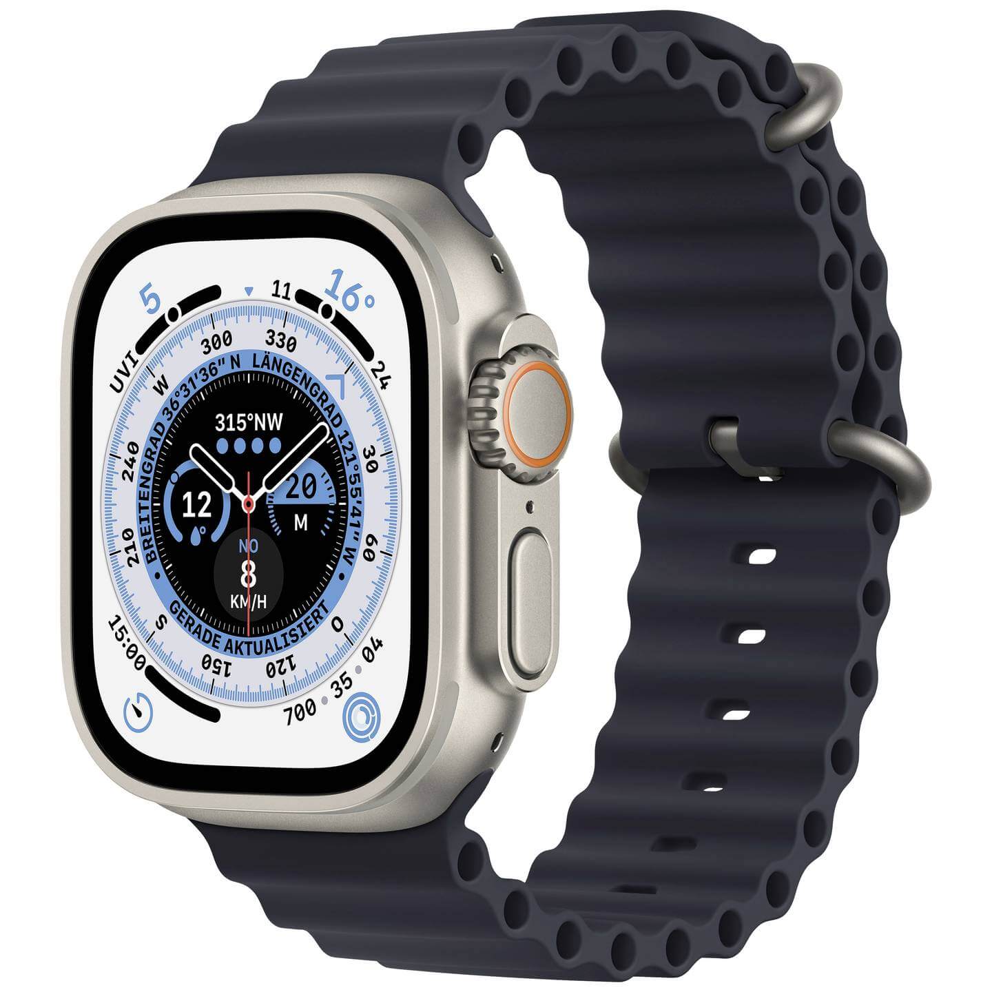 Første generation Apple Watch Ultra med blå rem.