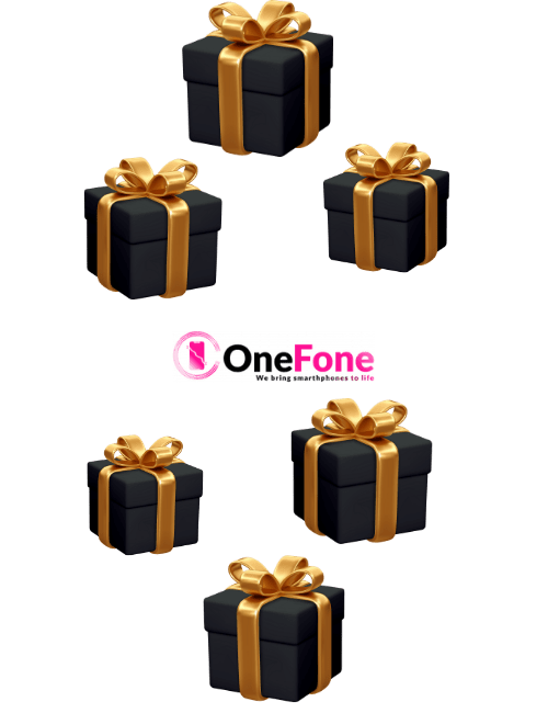 En simpel Black Friday grafik med gaver og OneFone logo
