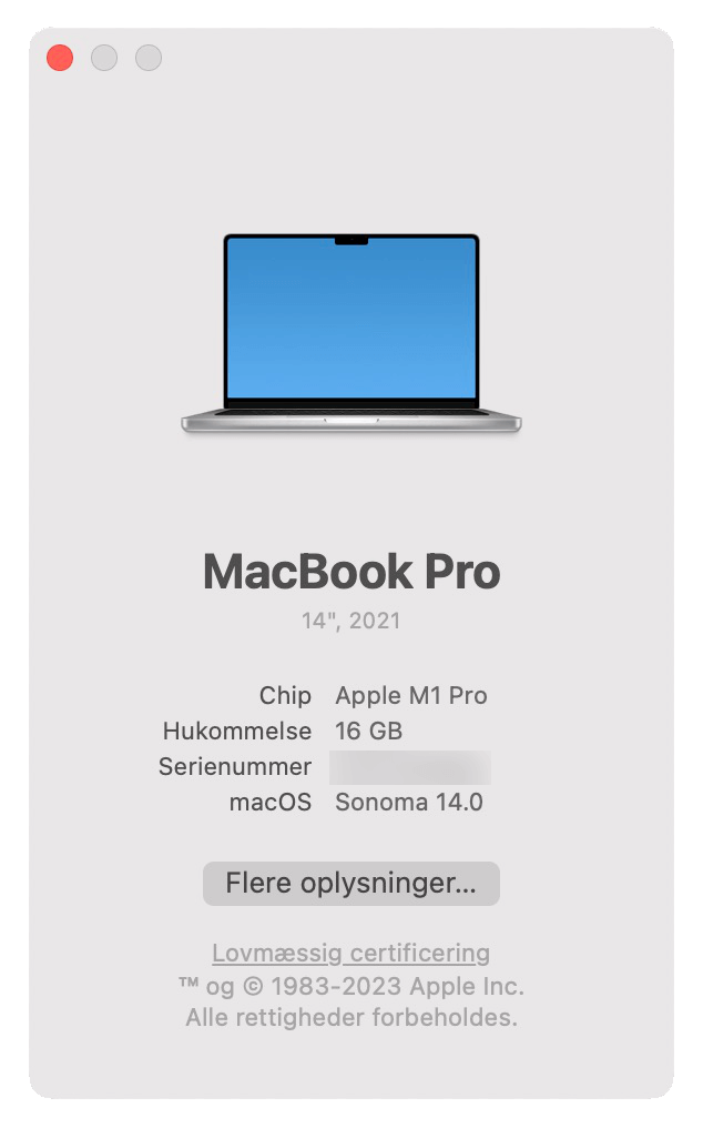 Vinduet, der kommer frem, når man trykker "Om denne Mac", indeholder grundlæggende oplysninger om ens Mac.